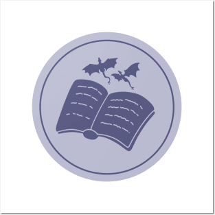 Blue fantasy book with dragons circle design for readers Posters and Art